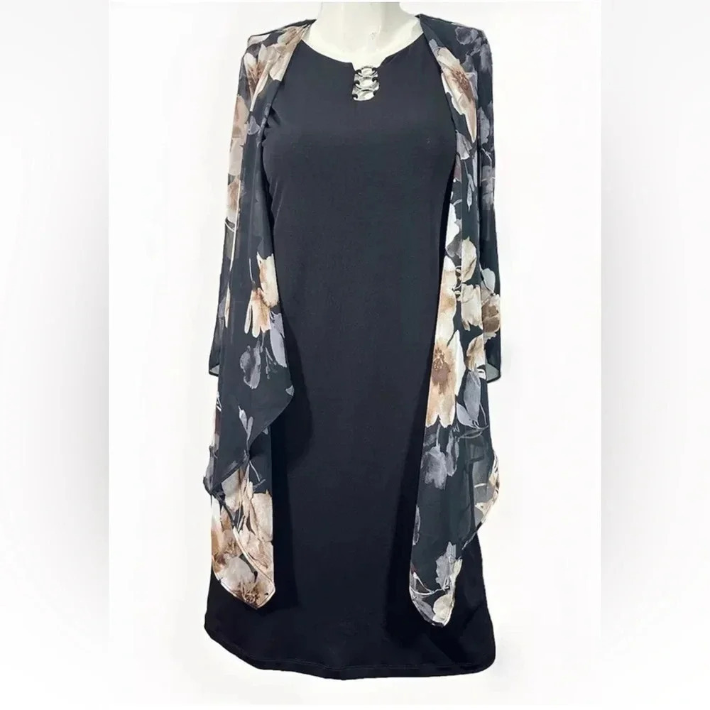 NWT R&k Womens Solid Black Dress With 3/4 Sleeve Floral Shear Sz 8